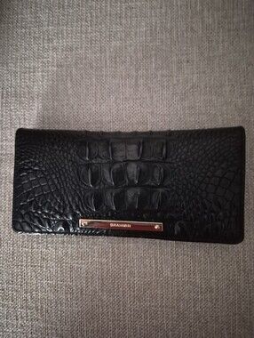 Brahmin Black Croc-Embossed Leather Wallet with Gold Plaque